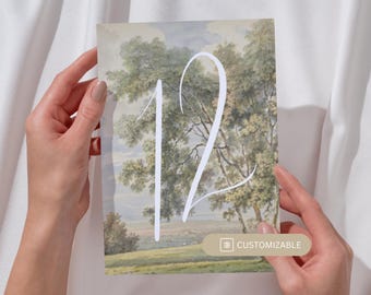 Vintage Landschaft Hochzeit Tischnummern: Artsy Canva Vorlage (Digitaler Download & bearbeitbar 13x18cm oder 10x18cm)