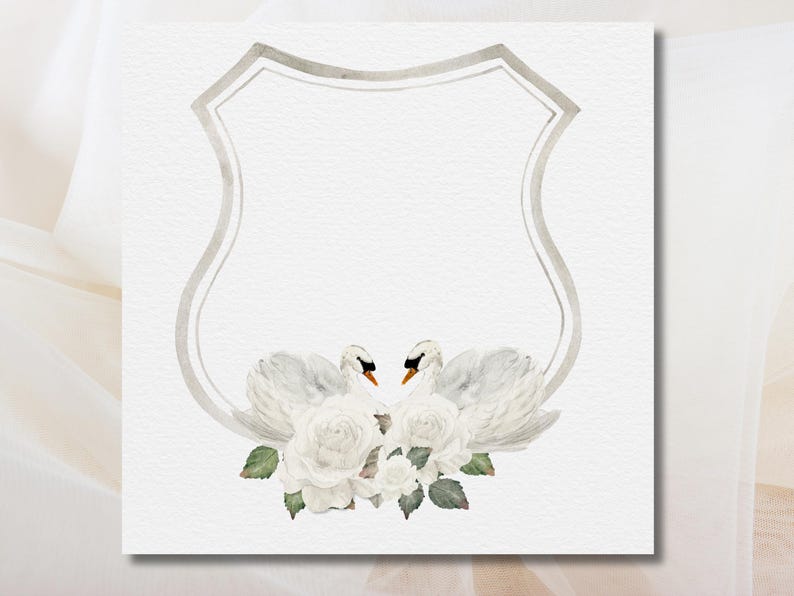 K&ouml;nnte beinhalten: Eine Aquarell-Illustration von zwei wei&szlig;en Schw&auml;nen, die sich gegen&uuml;berstehen und ihre H&auml;lse gebogen haben. Sie sind von wei&szlig;en Rosen und gr&uuml;nen Bl&auml;ttern umgeben. Die Schw&auml;ne und Blumen befinden sich in einem silbernen schildf&ouml;rmigen Rahmen.