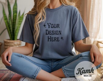 Gildan Mockup 64000 - Heather Indigo - T-shirt Mockup, Gildan Softstyle, Aesthetic Mockup, Canva Printify Mockup, Digital Download