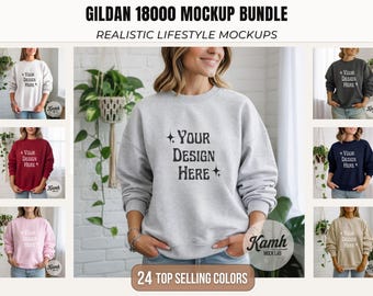 Gildan 18000 Sweatshirt Mockup Bundle — 24 Color Lifestyle Mockups for POD Sellers