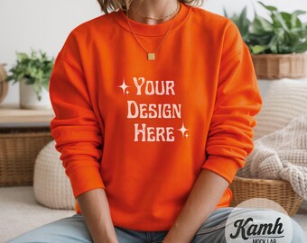 Gildan 18000 Sweatshirt Mockup Orange — Lifestyle Model Image for POD Sellers