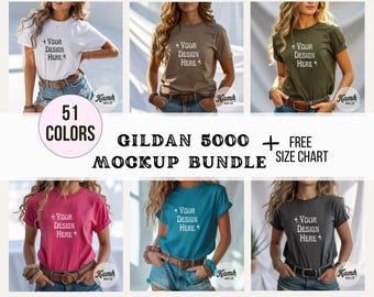 Gildan Mockup 5000 Bundle | Gildan 5000 T-shirt Mockups + Size Chart | Gildan Softstyle T-Shirt, Aesthetic Mockup Bundle for POD, G5000 Mock