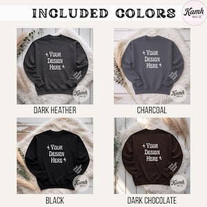 Peut inclure: Maquette de produit pr&eacute;sentant quatre sweat-shirts de couleurs ardoise fonc&eacute;e, charbon, noir et chocolat noir. Chaque sweat-shirt affiche le texte "+ YOUR DESIGN HERE" et "Your Design Here" sur la manche. L'image comprend le texte "INCLUDED COLORS" en haut.
