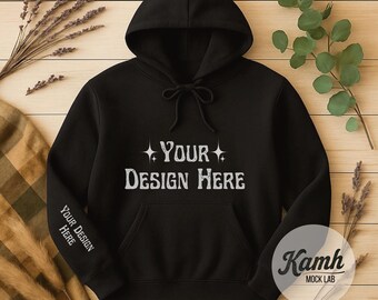 Gildan 18500-mockup, zwarte hoodie-mockup, plat leggen Gildan-mockup, voor print on demand, herfstsweater-mockup, digitale download