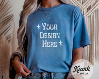 Gildan Mockup 64000 - Heather Sapphire- T-shirt Mockup, Gildan Softstyle, Aesthetic Mockup, Canva Printify Mockup, Digital Download