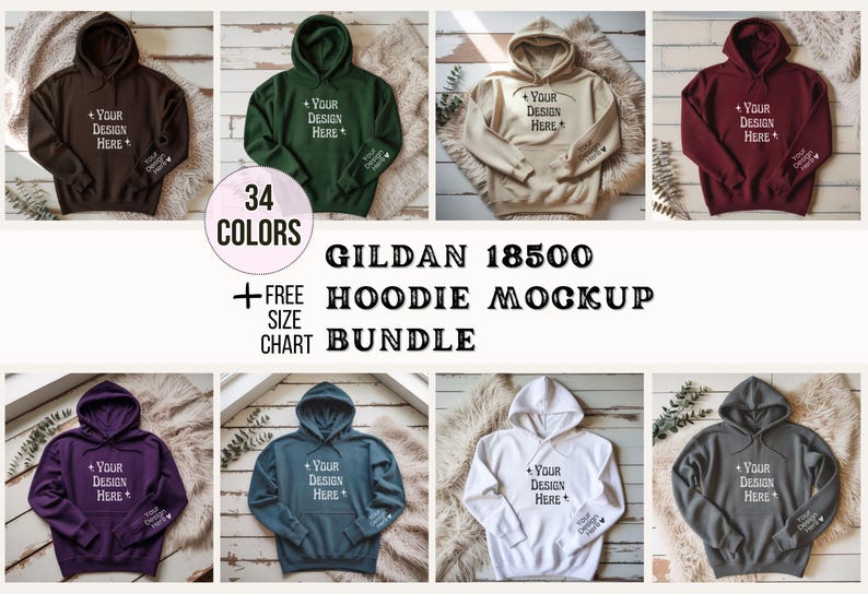 Gildan 18500 Mockup Bundle | Flatlay 18500 Hoodie Mockups + Size Chart | Sweatshirt Mockup Bundle for POD Sellers, Gildan Hoodie Mockup image 1