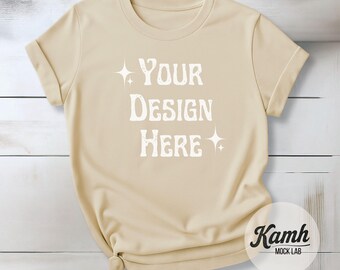 Gildan 64000 Sand T-shirt Mockup, Flat Lay G64000 Mockup