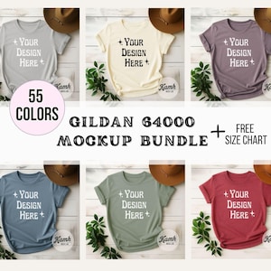 Gildan 64000 Mockup Bundle | Flatlay G64000 Shirt Mockups + Size Chart | Gildan Softstyle T-Shirt Aesthetic Mockup Bundle for POD Sellers