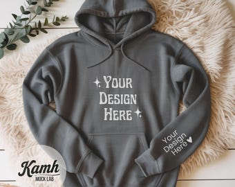 Gildan 18500 hoodie mockup, grafiet gemêleerd, platliggend mockup voor POD, hoodie mouw mockup, casual eenvoudige mockup, Gildan 18500 mockup G185