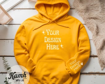 Gildan 18500 Hoodie Mockup, Gold, Flat Lay Mockup for Print on Demand, Hoodie Sleeve Mockup, Casual Simple Mock, Gildan 18500 Mockup G185