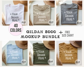 May include: A mockup bundle of Gildan 5000 t-shirts in various colors, including white, tan, gray, light blue, olive green, and mustard yellow. Each shirt displays the text "Your Design Here." The image also includes text that says "40 Colors" and "Free Size Chart."