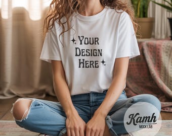 Gildan 64000 White T-shirt Mockup, Gildan 64000 Mockup White, Boho T-shirt Mockup, Aesthetic Mockup, Digital Download