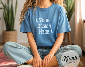 Gildan Mockup 64000 - Heather Sapphire- T-shirt Mockup, Gildan Softstyle, Aesthetic Mockup, Canva Printify Mockup, Digital Download