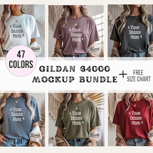 Gildan 64000 Mockup Bundle | G64000 Shirt Mockups + Size Chart | Gildan Softstyle T-Shirt Aesthetic Mockup Bundle for POD Sellers