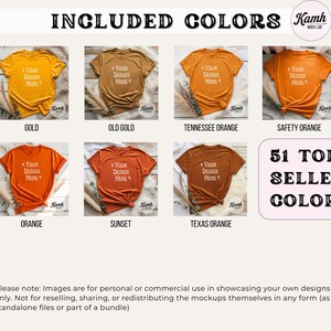 May include: A graphic showcasing t-shirt mockups in various colors, including gold, old gold, Tennessee orange, and safety orange. Each shirt displays the text "YOUR DESIGN HERE." The image also includes the text "51 TOP SELLER COLORS."