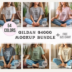 Gildan 64000 Mockup Bundle | G64000 Shirt Mockups + Size Chart | Gildan Softstyle T-Shirt Aesthetic Mockup Bundle for POD Sellers