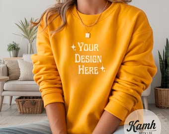 Gildan 18000 Sweatshirt Mockup Gold — Lifestyle Model Image for POD Sellers