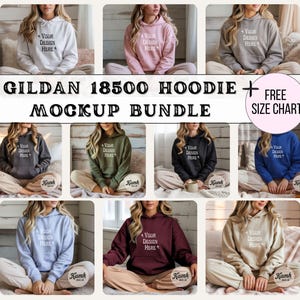 Gildan 18500 Mockup Bundle | Gildan 18500 Hoodie Mockups + Size Chart | Gildan Sweatshirt, Aesthetic Mockup Bundle for POD Sellers