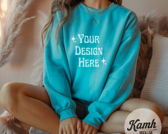 Comfort Colors 1566 Mockup Lagoon Blue | Comfort Colors Sweatshirt Mockup for POD Sellers | 1566 Crewneck Mockup