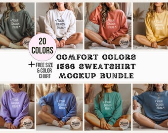 Comfort Colors 1566 Mockup-paket | Comfort Colors tröja Mockup-paket för POD-säljare | 1566 Crewneck-mockups + Storleks- och färgkarta