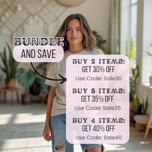 Peut inclure: Une femme porte un t-shirt clair et un jean d&eacute;chir&eacute;. L'image affiche du texte annon&ccedil;ant une offre "BUNDLE AND SAVE" avec des d&eacute;tails sur les r&eacute;ductions pour l'achat de plusieurs articles et les codes "Sale30", "Sale35" et "Sale40".