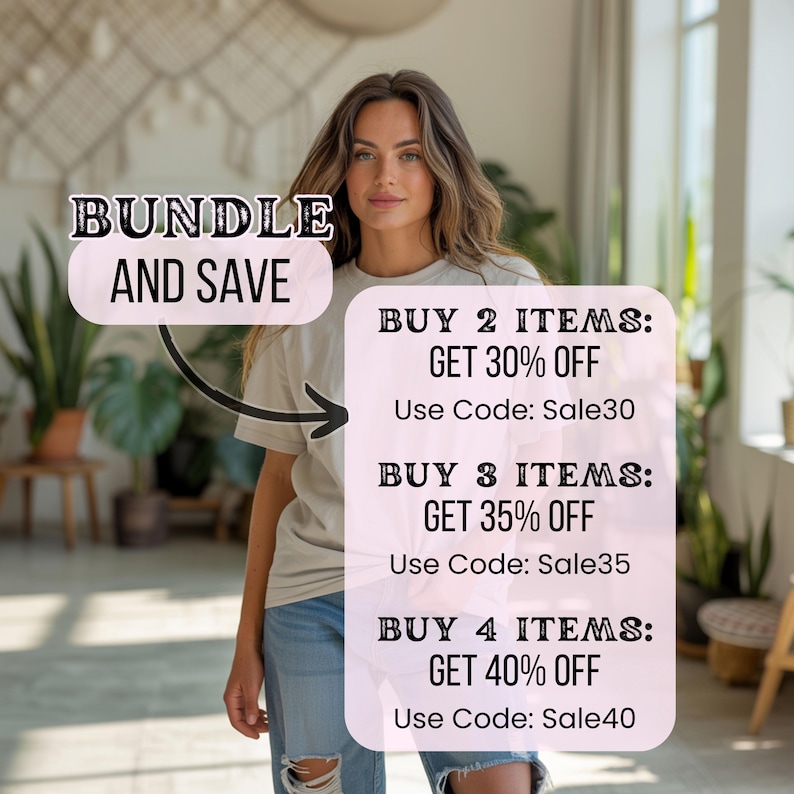 Peut inclure: Une femme porte un t-shirt clair et un jean d&eacute;chir&eacute;. L'image affiche du texte annon&ccedil;ant une offre "BUNDLE AND SAVE" avec des d&eacute;tails sur les r&eacute;ductions pour l'achat de plusieurs articles et les codes "Sale30", "Sale35" et "Sale40".