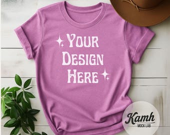Gildan 64000 Heather Radiant Orchid T-shirt Mockup, Flat Lay Gildan 64000 Mockup, Aesthetic Mockup, Canva Printify Mockup, Digital Download