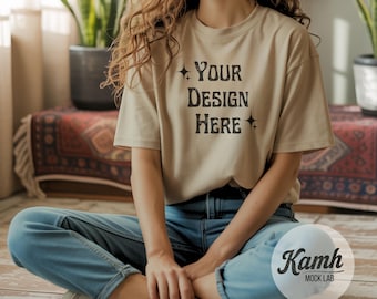 Gildan Mockup 64000 - Sand - T-shirt Mockup, Gildan Softstyle, Aesthetic Mockup, Canva Printify Mockup, Digital Download