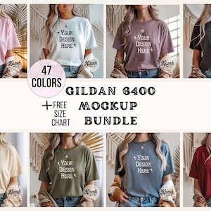 Gildan 64000 Mockup Bundle | G64000 Shirt Mockups + Size Chart | Gildan Softstyle T-Shirt Aesthetic Mockup Bundle for POD Sellers image 1