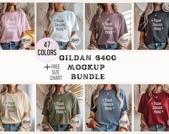 Gildan 64000 Mockup Bundle | G64000 Shirt Mockups + Size Chart | Gildan Softstyle T-Shirt Aesthetic Mockup Bundle for POD Sellers