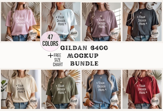 Gildan 64000 Mockup Bundle | G64000 Shirt Mockups + Size Chart | Gildan Softstyle T-Shirt Aesthetic Mockup Bundle for POD Sellers