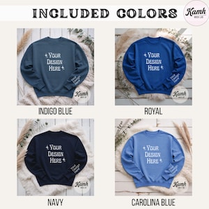 Peut inclure: Image de pr&eacute;sentation de quatre sweat-shirts de couleurs diff&eacute;rentes : bleu indigo, bleu roi, marine et bleu carolina. Chaque sweat-shirt affiche le texte "+ YOUR DESIGN HERE +" sur le devant et "Your Design Here" sur la manche. Les sweat-shirts sont pr&eacute;sent&eacute;s sur un fond neutre.