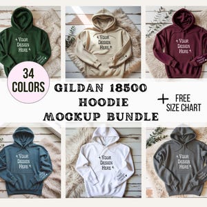 Gildan 18500 Mockup Bundle | Flatlay 18500 Hoodie Mockups + Size Chart | Sweatshirt Mockup Bundle for POD Sellers, Gildan Hoodie Mockup