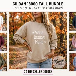 May include: A collection of Gildan 18000 crewneck sweatshirts in various colours, including beige, white, maroon, olive green, navy blue, pink, and light blue. Each sweatshirt features the white text Your Design Here with star accents.