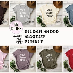Gildan 64000 Mockup Bundle | Flatlay G64000 Shirt Mockups + Size Chart | Gildan Softstyle T-Shirt Aesthetic Mockup Bundle for POD Sellers