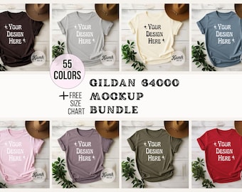 Gildan 64000 Mockup Bundle | Flatlay G64000 Shirt Mockups + Size Chart | Gildan Softstyle T-Shirt Aesthetic Mockup Bundle for POD Sellers