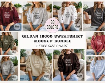 Gildan Mockup 18000 Bundle | Oversized Sweatshirt Mockups + Size Chart | Simple Mockup Bundle for POD, G18000 Mock