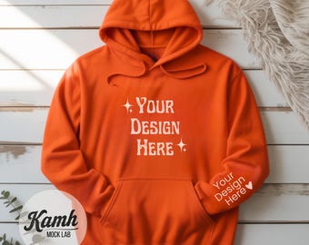Gildan 18500 Hoodie Mockup, Orange Hoodie Mock, Flat Lay Mockup for POD, Hoodie Sleeve Mockup, Casual Simple Mock, Gildan 18500 Mockup G185