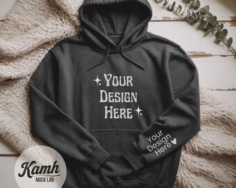 Gildan 18500 hoodiemodel, donker gemêleerd, platliggend model voor POD, hoodie mouwmodel, casual eenvoudige mockup, Gildan 18500 model G185