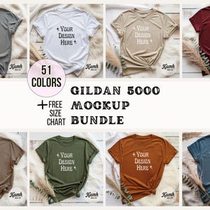 Gildan 5000 Mockup Bundle | Flat lay G5000 Shirt Mockups + Size Chart | Gildan Heavy Cotton T-Shirt Aesthetic Mockup Bundle for POD Sellers image 1