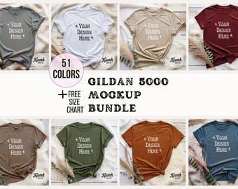 Lot de maquettes Gildan 5000 | Maquettes de chemise G5000 à plat + Tableau des tailles | Lot de maquettes esthétiques de t-shirts en coton épais Gildan pour les vendeurs de POD
