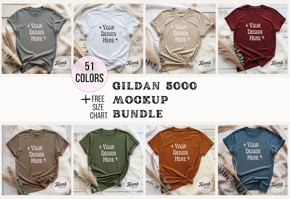 Gildan 5000 Mockup Bundle | Flat lay G5000 Shirt Mockups + Size Chart | Gildan Heavy Cotton T-Shirt Aesthetic Mockup Bundle for POD Sellers
