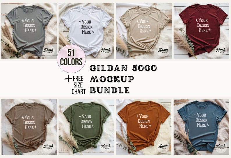 Gildan 5000 Mockup Bundle | Flat lay G5000 Shirt Mockups + Size Chart | Gildan Heavy Cotton T-Shirt Aesthetic Mockup Bundle for POD Sellers image 1