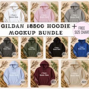 Gildan 18500 Mockup Bundle | Flatlay 18500 Hoodie Mockups + Size Chart | Fall Sweatshirt Mockup Bundle for POD Sellers, Gildan Hoodie Mockup