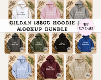 Gildan 18500 Mockup Bundle | Flatlay 18500 Hoodie Mockups + Size Chart | Fall Sweatshirt Mockup Bundle for POD Sellers, Gildan Hoodie Mockup