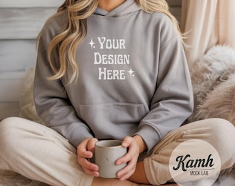 Gildan 18500 sport grijze hoodie mockup, Gildan 18500 mockup, sweater mockup, esthetische mockup, Canva printify mockup, digitale download
