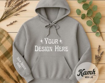 Gildan 18500-mockup, sportgrijze hoodie-mockup, platliggend Gildan-mockup, voor print on demand, herfstsweater-mockup, digitale download