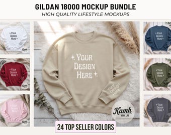 Gildan 18000 Mockup Bundle — 24 Color Flat Lay Sweatshirt Mockups for Print on Demand