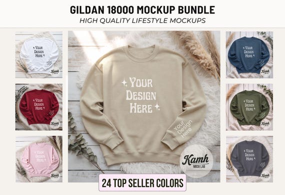 Gildan 18000 Mockup Bundle — 24 Color Flat Lay Sweatshirt Mockups for Print on Demand