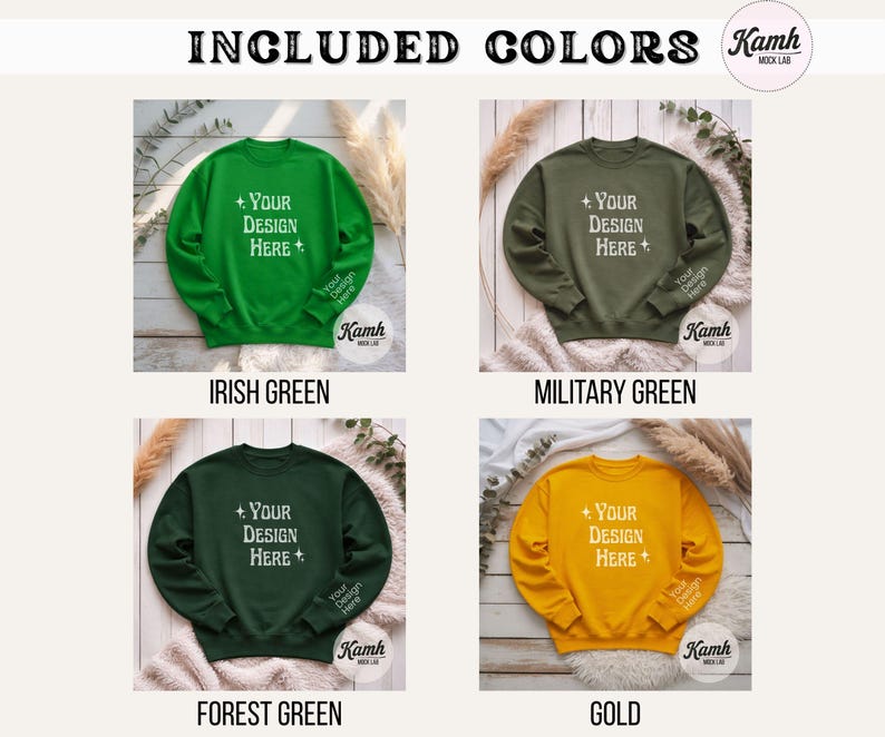 Peut inclure: Maquette de produit pr&eacute;sentant quatre sweatshirts de couleur vert irlandais, vert militaire, vert for&ecirc;t et or. Chaque sweat-shirt affiche le texte "+ Your Design Here" et "Your Design Here" sur la manche.